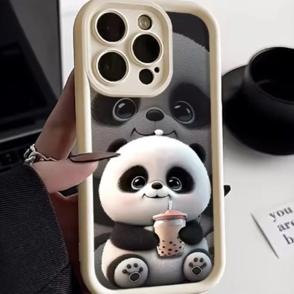 Panda Soft TPU Case for iPhone 16/Plus/Pro/ProMax Funda Black Brown Pink apple
